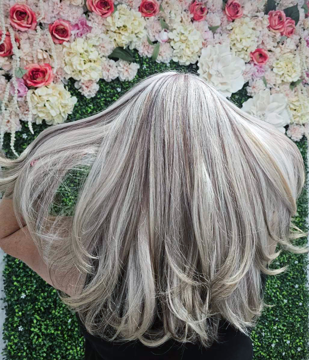 Hair color transformation - blonde highlights before and after at Pink Hair Salon Clearwater